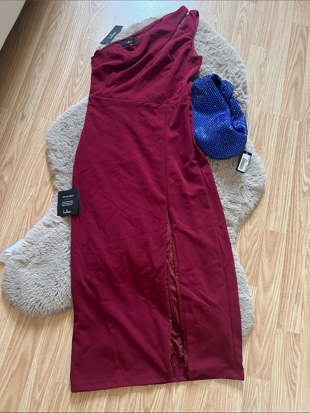 Lulu's One-Shoulder Wine Red Midi Dress